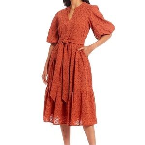 Roller Rabbit Valonia Cotton Embroidered Eyelet Midi Dress in Terra Orange XS